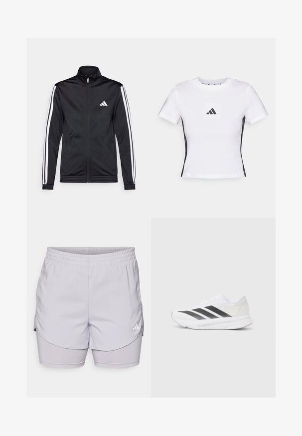 Black athletic jacket with a high collar, front zipper, and white accent stripes along the arms. Features an embroidered white logo on the chest.; White short-sleeve t-shirt made from cotton, featuring a black Adidas logo in a square patch and black side accents. Classic crew neckline.; adidas Performance W MIN 2IN1 SHO - Sports shorts - glory grey; White athletic shoe with black diagonal stripes, mesh upper, rounded toe, and textured sole. Accents include a silver heel and minimalistic design.