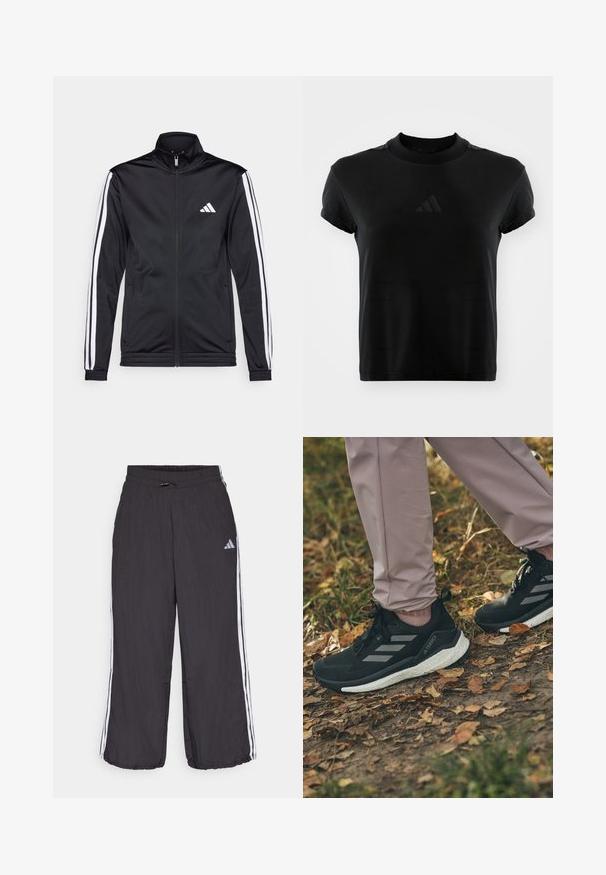 Sort atletisk jakke med høj krave, for-zip og hvide accentstriber langs armene. Har et broderet hvidt logo på brystet.; Sort kortærmet t-shirt lavet af glat stof. Har en rund halsudskæring og et prægede Adidas-logo på fronten.; Sorte træningsbukser med elastisk talje, prydet med hvide sidestiber og diskret branding på den øverste venstre ben. Letvægtsmateriale.; Sorte sportssko med lysegrå striber, med en struktureret overdel, hvid støddæmpende sål, båret med lyserøde bukser, på et bladbeklædt underlag.