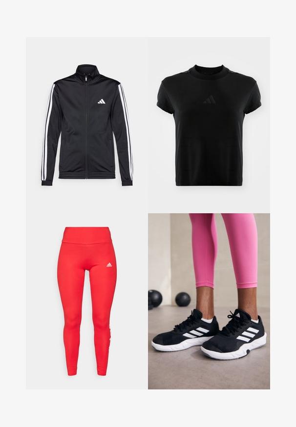 Casaco atlético preto com gola alta, fecho frontal e riscas brancas ao longo das mangas. Apresenta um logótipo branco bordado no peito.; T-shirt preta de manga curta feita de tecido liso. Apresenta um decote redondo e um logótipo da Adidas em relevo na parte da frente.; adidas Sportswear Leggings - better scarlet; Sapatos de treino pretos com riscas brancas, parte superior em malha texturizada e sola branca. Usados com leggings cor-de-rosa, destacando roupa de treino.