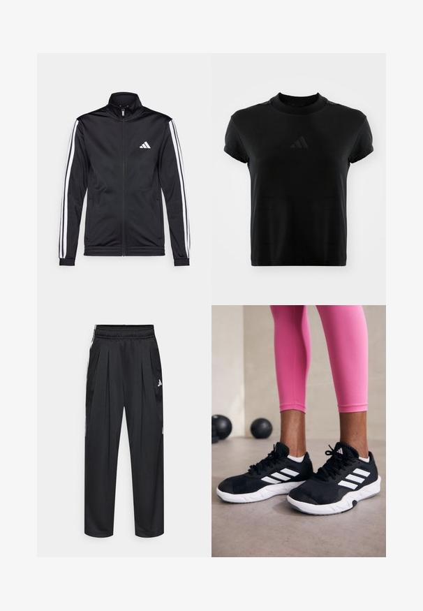 Černá sportovní bunda s vysokým límcem, předním zipem a bílými akcentovacími pruhy na rukávech. Obsahuje vyšitý bílý logo na prsou.; Černé tričko s krátkým rukávem vyrobené z hladké tkaniny. Má kulatý výstřih a vystouplé logo Adidas na přední straně.; Černé sportovní kalhoty s záhyby, elastickým pasem a postranními pruhy. Vyrobené z hladké tkaniny, s bílým logem Adidas.; Černé sportovní boty s bílými pruhy, texturovaný síťovinový svršek a bílá podrážka. Nosené s růžovými legínami, které předvádějí tréninkové oblečení.
