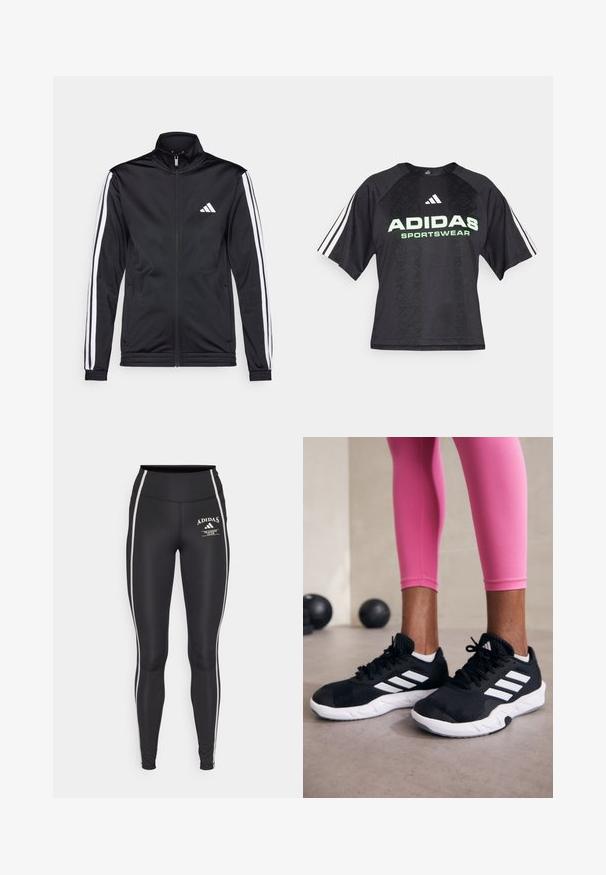 Black athletic jacket with a high collar, front zipper, and white accent stripes along the arms. Features an embroidered white logo on the chest.; Black sports shirt with a textured pattern, featuring a green "ADIDAS SPORTSWEAR" logo, and three white stripes on each sleeve.; Black leggings with a high waistband, featuring white side stripes and an "Adidas Training Club" logo on the front. Smooth, stretchy fabric.; Black athletic shoes with white stripes, textured mesh upper, and a white sole. Worn with pink leggings, showcasing training apparel.