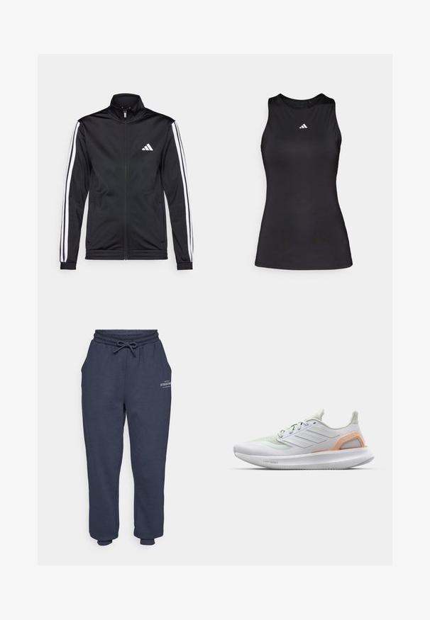 Fekete sportdzseki magas gallérral, elülső cipzárral és fehér díszcsíkokkal a karokon. Hímzett fehér logó található a mellkason.; Fekete ujjatlan sporttop sima anyagból. Kerek nyakkivágással és egy kis fehér Adidas logóval a mellkasán.; Sötétkék melegítőnadrág, rugalmas derékkal és állítható zsinórral. Oldalsó zsebekkel és minimalista nyomott logóval a fronton.; Fehér sportcipő világoszöld kiemelésekkel, hálós felsőrésszel, gumitalppal és texturált részletezéssel. Az oldalán a "LIGHT BOOST" felirat található.