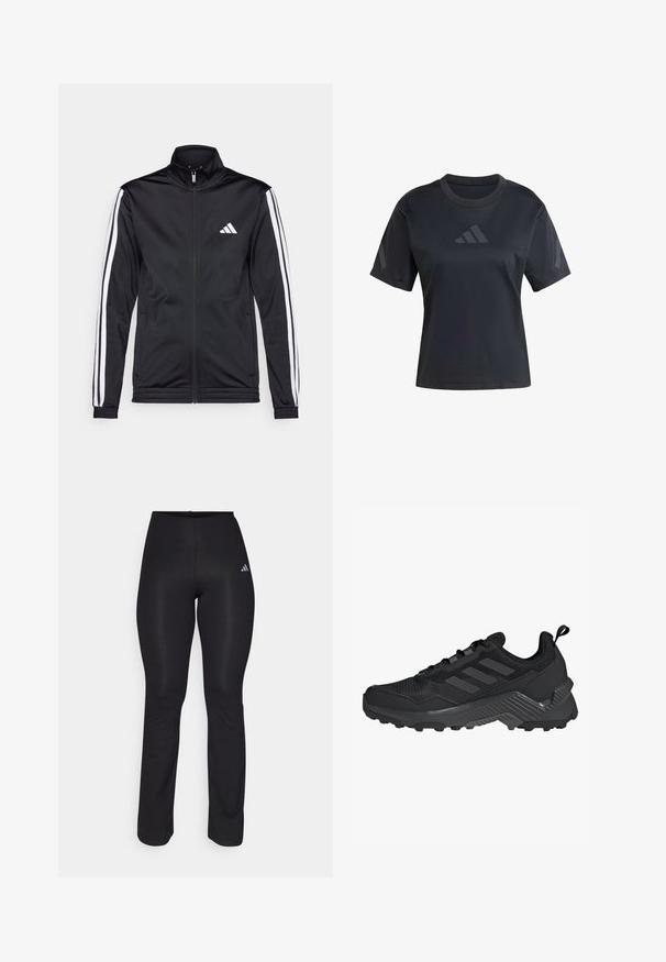 Juoda sportinė striukė su aukštu apykakle, priekiniais užtrauktukais ir baltais akcentiniais dryžiais ant rankovių. Ant krūtinės yra išsiuvinėta balta logo.; Juodas sportinis marškinėliai su trumpomis rankovėmis, apvaliu iškirpimu ir lygiu paviršiumi. Priklausomai nuo atspalvio, ant priekio ir šonų yra tonas ant tonas logotipas.; Juodi sportiniai džinsai su prigludusia forma, elastingu juosmeniu ir subtiliu blizgesiu. Yra mažas baltas logotipas kairėje klubo pusėje.; Juodas sportinis batas su tinklinėmis viršutinėmis dalimis, trimis juostelėmis, formuota kulno dalimi ir tvirtu padu su ryškiomis sukibimo gyslomis.