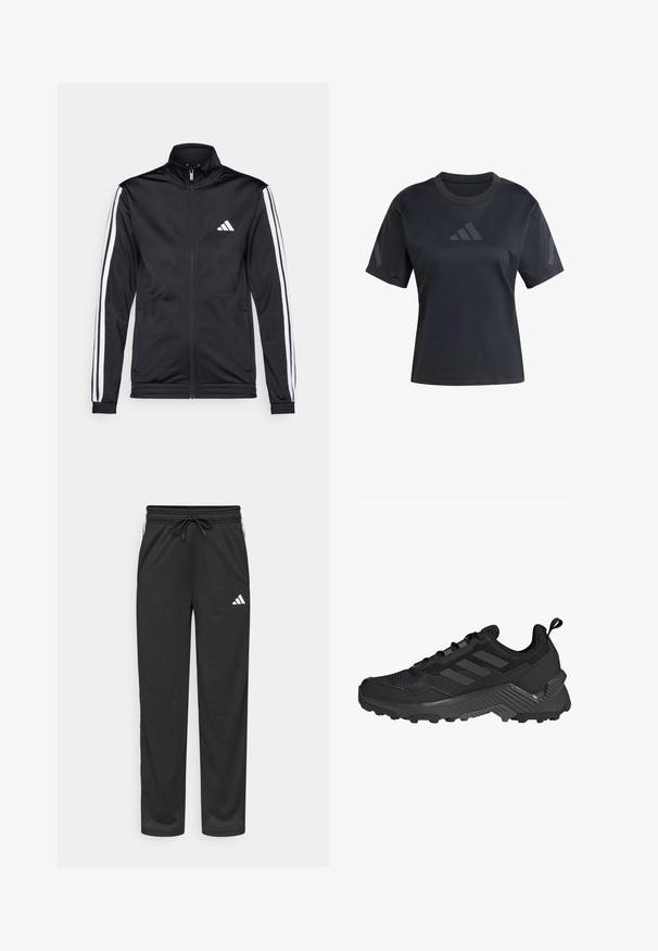 Czarna sportowa kurtka z wysokim kołnierzem, przednim zamkiem błyskawicznym i białymi paskami akcentującymi na rękawach. Posiada wyszywane białe logo na klatce piersiowej.; Czarna koszulka sportowa z krótkimi rękawami, okrągłym dekoltem i gładką teksturą. Posiada logo w tym samym kolorze z przodu i po bokach.; Czarne sportowe spodnie z siateczki z elastycznym paskiem w talii, sznurkiem oraz białym logo po lewej stronie. Posiadają boczne kieszenie i prosty krój nogawek.; Czarne buty sportowe z siateczkową cholewką, trzema paskami, formowaną piętą i wytrzymałą podeszwą z wyraźnymi wgłębieniami dla lepszej przyczepności.