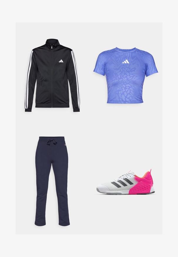 Svart treningsjakke med høy krage, frontglidelås og hvite stripe aksenter langs armene. Har et brodert hvitt logo på brystet.; Lilla trening T-skjorte med kort erme, med et teksturert mønster og en hvit logo på brystet. Har rund hals og tettsittende design.; Marineblå joggebukser laget av mykt stoff, med justerbar snor i midjen, rette ben og en liten logo på siden.; Hvite joggesko med grå striper, mesh-overdel og rosa hæl og detaljer. Har teksturert hæl og gummisåle. Snøring og polstret krage.