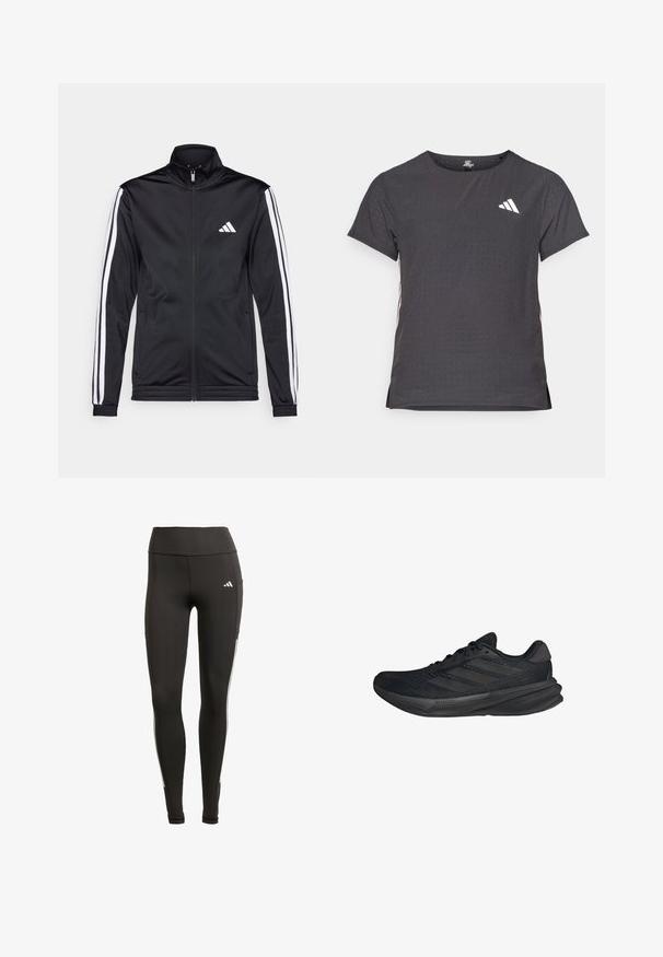 Zwarte sportjack met een hoge kraag, voorrits en witte accentstrepen langs de armen. Bevat een geborduurd wit logo op de borst.; Korte mouwen sport t-shirt, donkergrijs met geperforeerde textuur. Bevat een wit logo en contrasterende zijstrepen. Ronde halslijn.; Zwarte leggings van rekbaar materiaal, met een hoge tailleband, witte zijstrepen en een zijzak voor extra gemak.; Zwarte sportieve schoenen met een bovenwerk van mesh, gestroomlijnde vorm, platte zool en drie diagonale strepen aan de zijkant. Lichtgewicht ontwerp voor comfort.