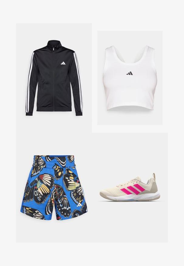 Juoda sportinė striukė su aukštu apykakle, priekiniais užtrauktukais ir baltais akcentiniais dryžiais ant rankovių. Ant krūtinės yra išsiuvinėta balta logo.; Balta trumpa palaidinė, pagaminta iš minkštos medžiagos, su apvaliu iškirpimu ir juodu Adidas logotipu priekyje. Lygi tekstūra, be rankovių dizainas.; Mėlyni šortai su drugelių raštu juodos, geltonos ir raudonos spalvų. Elastingas liemuo ir šoninės kišenės, pagaminti iš lengvos medžiagos.; Bežiniai sportiniai bateliai su rožinėmis trimis juostomis, tekstūruota tinklelio viršutinė dalis, paminkštinta apykaklė ir balta guma neslystančia padu, turintys "LIGHTSTRIKE" prekės ženklą.