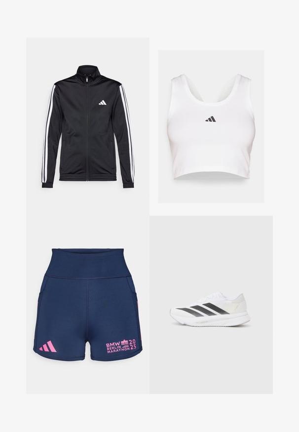 Svart treningsjakke med høy krage, frontglidelås og hvite stripe aksenter langs armene. Har et brodert hvitt logo på brystet.; Hvitt crop top laget av mykt stoff, med rund hals og en svart Adidas-logo på forsiden. Glatt tekstur, ermeløs design.; adidas Performance BER25 SHORT THIGHTS - Korte løpetights - collegiate navy; Hvit sportssko med svarte diagonale striper, mesh-overdel, rund tå og teksturert såle. Detaljene inkluderer en sølvfarget hæl og minimalistisk design.