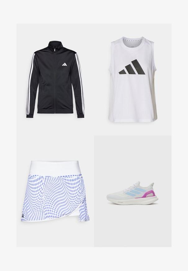 Chaqueta deportiva negra con cuello alto, cremallera frontal y franjas de acento blancas a lo largo de las mangas. Presenta un logo blanco bordado en el pecho.; Top atlético blanco sin mangas con escote redondo, que presenta un gran logo de Adidas en negro compuesto por tres franjas en la parte frontal.; adidas Performance CLUB GRAPHSKIRT - Falda de deporte - white; adidas Performance PUREBOOST 5 - Zapatillas running asfalto - white/glow blue/purple burst