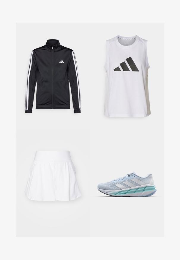 Zwarte sportjack met een hoge kraag, voorrits en witte accentstrepen langs de armen. Bevat een geborduurd wit logo op de borst.; Witte sporttop zonder mouwen met ronde halslijn, voorzien van een groot zwart Adidas-logo bestaande uit drie strepen op de voorkant.; Witte sport skort met een aansluitende tailleband, uitlopende snit en zijkanten zakken. Gemaakt van lichtgewicht, rekbaar materiaal voor optimale bewegingsvrijheid.; Lichtblauwe sportschoenen met een gestructureerde breitbovenkant, witte accenten en een doorzichtige groene tussenzool. Ronde neus en gevoerde kraag.
