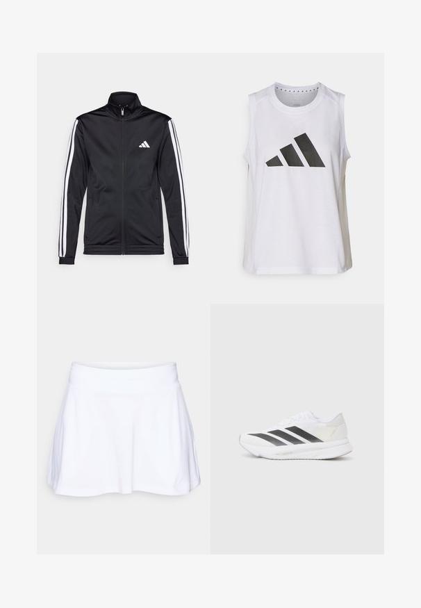 Schwarze Sportjacke mit hohem Kragen, Frontreißverschluss und weißen Akzentstreifen an den Armen. Besitzt ein gesticktes weißes Logo auf der Brust.; Weißes ärmelloses Sportoberteil mit rundem Halsausschnitt, das auf der Vorderseite ein großes schwarzes Adidas-Logo aus drei Streifen aufweist.; adidas Performance CLUB SKIRT POCKET - Sportrock - white; Weißer Sportschuh mit schwarzen diagonalen Streifen, Mesh-Obermaterial, abgerundetem Zehenbereich und strukturiertem Profil. Akzente sind ein silberner Heel und ein minimalistisches Design.