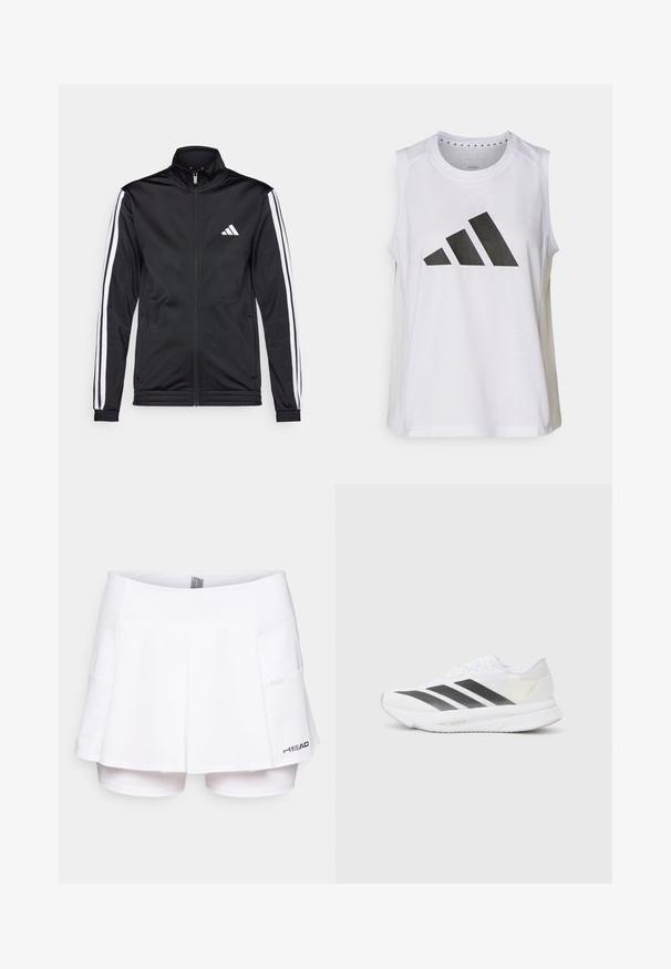 Fekete sportdzseki magas gallérral, elülső cipzárral és fehér díszcsíkokkal a karokon. Hímzett fehér logó található a mellkason.; Fehér ujjatlan sportpóló kerek nyakkivágással, amelyen elöl egy nagy fekete Adidas-logo található, amely három csíkból áll.; Fehér tenisznadrág beépített sorttal, texturált hálós anyagból készült, pliszírozott dizájnnal, és egy kis logóval a jobb oldalon.; Fehér sportcipő fekete átlós csíkokkal, hálós felsőrésszel, lekerekített orral és texturált talppal. A kiegészítők között szerepel egy ezüst sarok és minimalista dizájn.