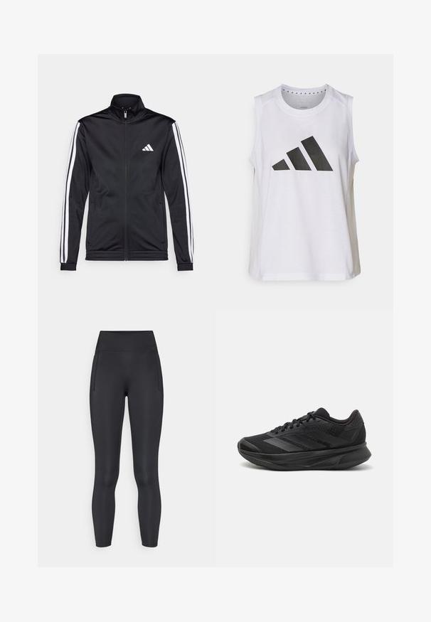 Schwarze Sportjacke mit hohem Kragen, Frontreißverschluss und weißen Akzentstreifen an den Armen. Besitzt ein gesticktes weißes Logo auf der Brust.; Weißes ärmelloses Sportoberteil mit rundem Halsausschnitt, das auf der Vorderseite ein großes schwarzes Adidas-Logo aus drei Streifen aufweist.; Schwarze enganliegende Leggings aus dehnbarem Stoff, mit hohem Bund und zwei Seitentaschen für mehr Komfort. Glatte Textur.; Schwarzer Laufschuh mit einem atmungsaktiven Mesh-Obermaterial, runder Zehenpartie, schlankem Design, strukturierten Akzenten und einer gepolsterten Sohle für Komfort.