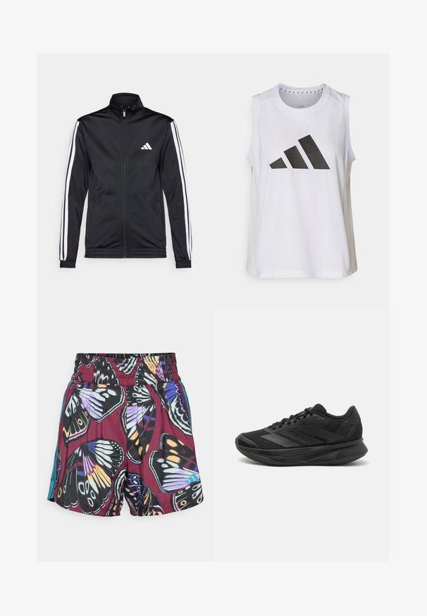 Svart treningsjakke med høy krage, frontglidelås og hvite stripe aksenter langs armene. Har et brodert hvitt logo på brystet.; Hvit ermeløs treningstopp med rund hals, som har en stor svart Adidas-logo bestående av tre striper på forsiden.; Shorts med et livlig sommerfuglmønster i nyanser av lilla, svart og oransje. Elastisk midjebånd med subtile sideakenter i turkis.; Svarte joggesko med pustende mesh-overdel, avrundet tå, slankt design, teksturerte detaljer og en polstret såle for komfort.