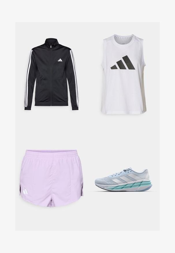 Juoda sportinė striukė su aukštu apykakle, priekiniais užtrauktukais ir baltais akcentiniais dryžiais ant rankovių. Ant krūtinės yra išsiuvinėta balta logo.; Balta be rankovių sportinė palaidinė su apvaliu kaklu, priekyje puikuojasi didelis juodas Adidas logotipas, sudarytas iš trijų juostelių.; Alyvinės sportinės šortai su elastine liemeniu, šoninėmis skeltukėmis ir baltomis firminėmis detalėmis kairėje pusėje. Lygios, lengvos medžiagos.; Šviesiai mėlyni sportiniai batai su tekstūruotu megztu paviršiumi, baltais akcentais ir permatomu žaliu viduriu. Suapvalinta nosis ir paminkštintas apykaklė.