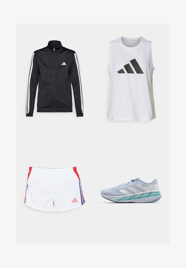 Zwarte sportjack met een hoge kraag, voorrits en witte accentstrepen langs de armen. Bevat een geborduurd wit logo op de borst.; Witte sporttop zonder mouwen met ronde halslijn, voorzien van een groot zwart Adidas-logo bestaande uit drie strepen op de voorkant.; Witte sportschoenen met rode zijkanten en blauwe strepen. Elastische tailleband en logo aan de linkerbenedenkant. Gladde stoftextuur.; Lichtblauwe sportschoenen met een gestructureerde breitbovenkant, witte accenten en een doorzichtige groene tussenzool. Ronde neus en gevoerde kraag.