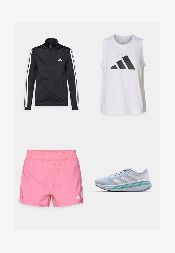 Zwarte sportjack met een hoge kraag, voorrits en witte accentstrepen langs de armen. Bevat een geborduurd wit logo op de borst.; Witte sporttop zonder mouwen met ronde halslijn, voorzien van een groot zwart Adidas-logo bestaande uit drie strepen op de voorkant.; Roze sportshorts met een elastische tailleband, voorzien van het witte Adidas-logo en drie verticale strepen aan de zijkanten. Glad textuur van de stof.; Lichtblauwe sportschoenen met een gestructureerde breitbovenkant, witte accenten en een doorzichtige groene tussenzool. Ronde neus en gevoerde kraag.