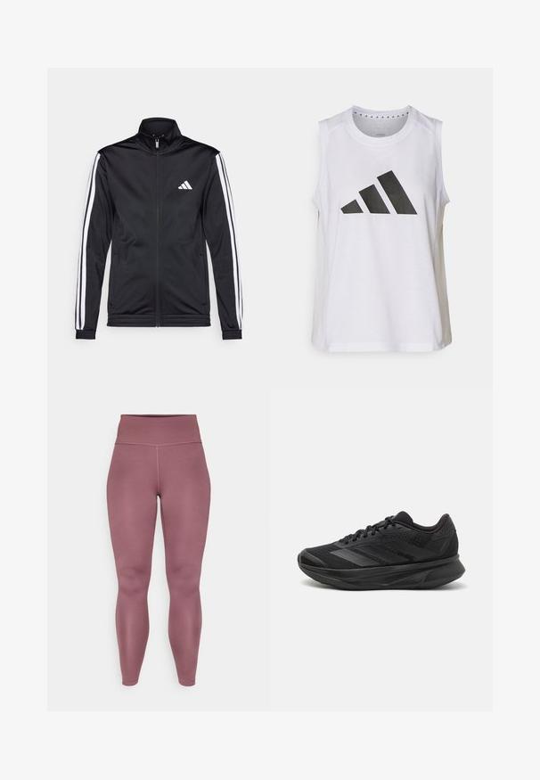 Black athletic jacket with a high collar, front zipper, and white accent stripes along the arms. Features an embroidered white logo on the chest.; White sleeveless athletic top with round neckline, featuring a large black Adidas logo composed of three stripes on the front.; Mauve high-waisted leggings made from stretchy, smooth fabric with a seamless design and no visible seams on the legs.; Black running shoe with a breathable mesh upper, rounded toe, sleek design, textured accents, and a cushioned sole for comfort.
