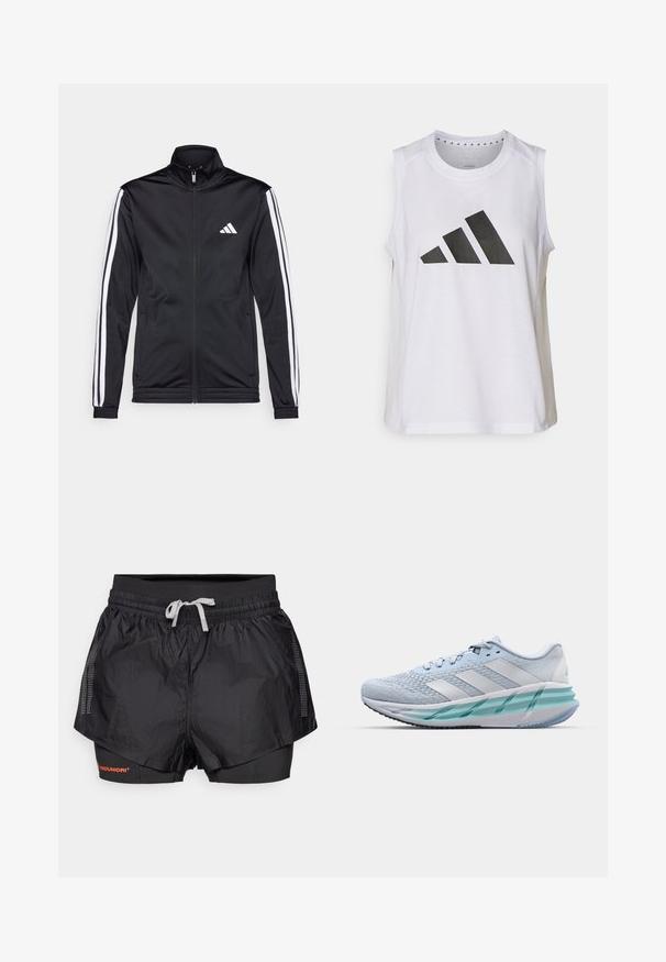 Mustmust mustrendiga jakki, millel on kõrge krae, eesnepp ja valged aktsenttriibud käte ääres. Selles on tikandina valge logo rinnal.; Valge ilma varrukateta sporditop, ümarate kaelustega, mille ees on suur must Adidas'i logo, mis koosneb kolmest triibust.; Mustad mustandiga sportshortsid, millel on tekstureeritud välimine kiht, võrkpaneelid ja sisemine sobiv kiht. Omavad elastset püksivööde, millel on nöör.; Heledad sinise värviga spordijalatsid tekstuuriga kudumise ülaosaga, valgete aktsentidega ja läbipaistva rohelise vaheosaga. Ümar nina ja pehmendatud kaelus.