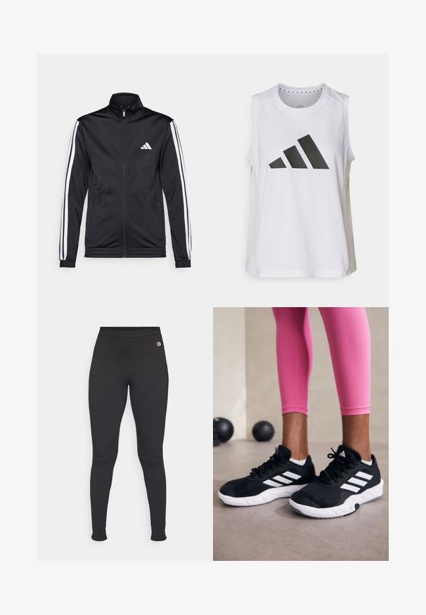 Casaco atlético preto com gola alta, fecho frontal e riscas brancas ao longo das mangas. Apresenta um logótipo branco bordado no peito.; Top atlético branco sem mangas com decote redondo, apresentando um grande logótipo preto da Adidas composto por três riscas na frente.; Leggings pretos feitos de um material elástico, apresentando uma cintura alta e um pequeno logotipo na área do quadril esquerdo. Textura suave.; Sapatos de treino pretos com riscas brancas, parte superior em malha texturizada e sola branca. Usados com leggings cor-de-rosa, destacando roupa de treino.