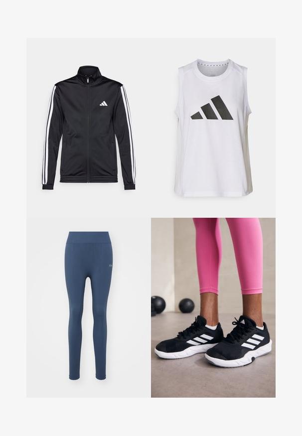 Juoda sportinė striukė su aukštu apykakle, priekiniais užtrauktukais ir baltais akcentiniais dryžiais ant rankovių. Ant krūtinės yra išsiuvinėta balta logo.; Balta be rankovių sportinė palaidinė su apvaliu kaklu, priekyje puikuojasi didelis juodas Adidas logotipas, sudarytas iš trijų juostelių.; Tamsiai mėlyni legginai pagaminti iš elastingos, tekstūruotos medžiagos. Yra aukštas juosmuo ir logotipo detalė kairėje šlaunyje. Lygus apdaila.; Juodi sportiniai bateliai su baltais dryžiais, tekstūruota tinklinė viršutinė dalis ir balti padai. Dėvimi su rožiniais leggingais, demonstruojant treniruočių aprangą.