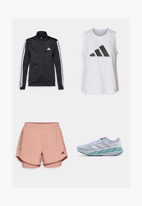 Black athletic jacket with a high collar, front zipper, and white accent stripes along the arms. Features an embroidered white logo on the chest.; White sleeveless athletic top with round neckline, featuring a large black Adidas logo composed of three stripes on the front.; Pink athletic shorts with an elastic waistband, layered design, side pockets, and black Adidas logo on the lower right side.; Light blue athletic shoes with a textured knit upper, white accents, and a transparent green midsole. Rounded toe and padded collar.