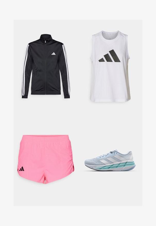Černá sportovní bunda s vysokým límcem, předním zipem a bílými akcentovacími pruhy na rukávech. Obsahuje vyšitý bílý logo na prsou.; Bílý sportovní top bez rukávů s kulatým výstřihem, na přední straně s velkým černým logem Adidas složeným ze tří pruhů.; Světle růžové sportovní šortky s černým logem Adidas na levé straně, vybavené elastickým páskem a bočními rozparky pro větší flexibilitu.; Světlomodré sportovní boty s texturovaným pleteným svrškem, bílými akcenty a průhledným zeleným mezipodešví. Oválná špička a polstrovaný límec.