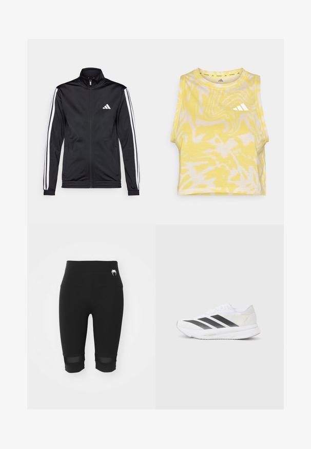Črna športna jakna z visokim ovratnikom, sprednjim zadrgo in belimi stranskimi črtami po rokavih. Ima vezen beli logotip na prsih.; Rumena brezrokavna majica s kratkim krojem z abstraktnim belim vzorcem, okroglim izrezom in diskretnim belim logotipom na sprednji strani. Mehka tekstura tkanine.; Črne kolesarske kratke hlače z visokim pasom, ki imajo sijoč logotip na pasu in prozorne mrežaste panele na dnu. Gladek, raztegljiv material.; Bela atletska čevlja z črnimi diagonali, mrežastim zgornjim delom, zaobljenim nosom in teksturirano podplatom. Dodatki vključujejo srebrno peto in minimalističen dizajn.
