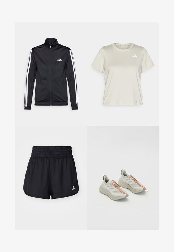Zwarte sportjack met een hoge kraag, voorrits en witte accentstrepen langs de armen. Bevat een geborduurd wit logo op de borst.; adidas Performance TRAIN ESSENTIALS 3STRIPES WORKOUT - Sport T-shirt - alumina/white; Zwarte sportieve shorts met een elastische, gerimpelde tailleband en een wit logo-accent aan de onderzijde rechts. Glad, lichtgewicht materiaal.; Lichtgekleurde sportschoenen met een gestructureerde witte stof bovenkant, oranje veters en een dikke, gevoerde zool. Drie-strepen ontwerp aan de zijkant.