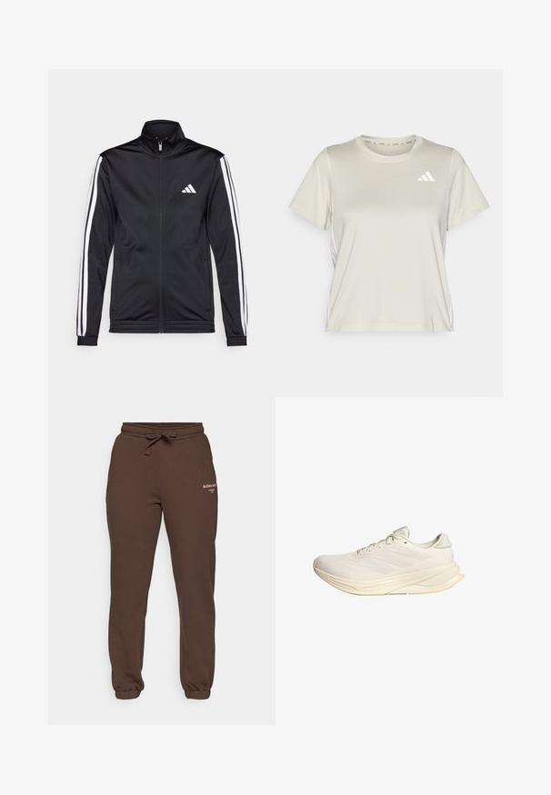 Svart treningsjakke med høy krage, frontglidelås og hvite stripe aksenter langs armene. Har et brodert hvitt logo på brystet.; adidas Performance TRAIN ESSENTIALS 3STRIPES WORKOUT - T-skjorte til trening - alumina/white; Björn Borg ESSENTIAL PANTS - Joggebukse - demitasse; Lys beige treningsko med mesh-overdel, flate snøring og polstret såle. Har tre striper design på siden.