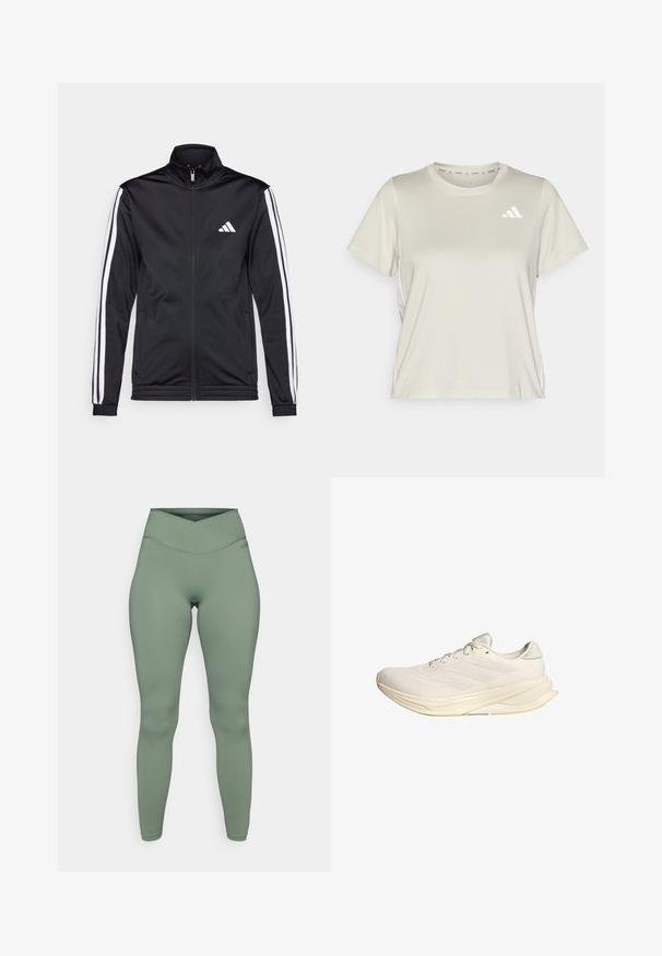 Casaco atlético preto com gola alta, fecho frontal e riscas brancas ao longo das mangas. Apresenta um logótipo branco bordado no peito.; adidas Performance TRAIN ESSENTIALS 3STRIPES WORKOUT - T-shirt desportiva - alumina/white; Leggings de cintura alta em tecido verde suave, com um design sem costuras, textura lisa e detalhes discretos na cintura em cruz.; Sapatilha desportiva bege claro com parte superior em malha, atacadores planos e sola acolchoada. Apresenta um design de três riscas no lado lateral.