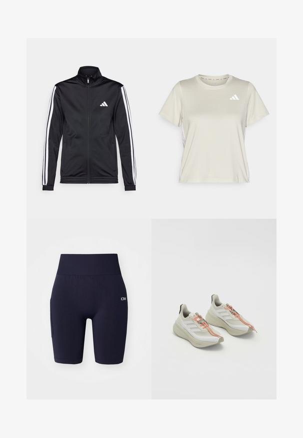 Casaco atlético preto com gola alta, fecho frontal e riscas brancas ao longo das mangas. Apresenta um logótipo branco bordado no peito.; adidas Performance TRAIN ESSENTIALS 3STRIPES WORKOUT - T-shirt desportiva - alumina/white; Calções atléticos azul marinho feitos de material elástico, com uma cintura larga, aberturas nas pernas e um bolso lateral com um detalhe do logo.; Ténis de desporto de cor clara com um cabedal branco texturizado, atacadores laranja e uma sola grossa e acolchoada. Design de três riscas na lateral.