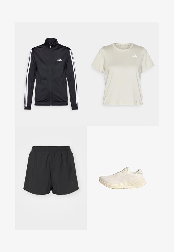 Mustmust mustrendiga jakki, millel on kõrge krae, eesnepp ja valged aktsenttriibud käte ääres. Selles on tikandina valge logo rinnal.; adidas Performance TRAIN ESSENTIALS 3STRIPES WORKOUT - Spordi T-särk - alumina/white; Mustad mustujooksu lühikesed püksid elastse vöökoha, kerge kangaga ja tekstureeritud disainiga, millel on peened külgedel riputused.; Heledadbeige sportjalats, millel on tekitatud ülemine osa, tasased paelad ja pehmendusega talla. Sisaldab lateraalses küljel kolme triibu disaini.