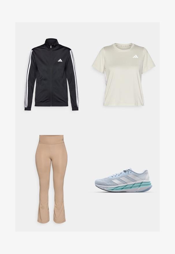 Veste de sport noire avec un col montant, fermeture éclair sur le devant et rayures blanches sur les bras. Elle présente un logo brodé blanc sur la poitrine.; adidas Performance TRAIN ESSENTIALS 3STRIPES WORKOUT - T-shirt de sport - alumina/white; Leggings couleur nude avec une taille haute, un ourlet évasé, une texture lisse, sans motifs visibles ni détails de quincaillerie.; Baskets de sport bleu clair avec un dessus en tricot texturé, des accents blancs et une semelle intermédiaire transparente verte. Bout arrondi et col rembourré.