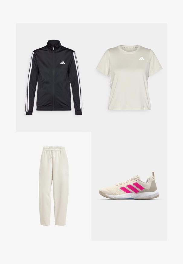 Casaco atlético preto com gola alta, fecho frontal e riscas brancas ao longo das mangas. Apresenta um logótipo branco bordado no peito.; adidas Performance TRAIN ESSENTIALS 3STRIPES WORKOUT - T-shirt desportiva - alumina/white; Calças de fato de treino em bege claro, feitas de tecido suave, com uma cintura elástica e cordão ajustável, além de um discreto detalhe de logótipo na lateral.; Sapata atlética bege com logotipo de três riscas cor-de-rosa, parte superior em malha texturizada, colarinho acolchoado e sola de borracha branca, apresentando a marca "LIGHTSTRIKE".