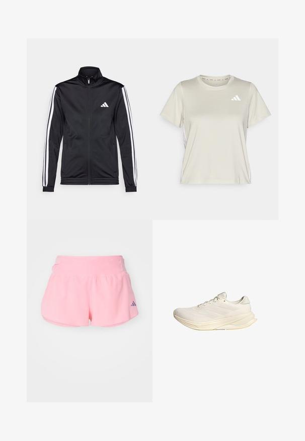 Črna športna jakna z visokim ovratnikom, sprednjim zadrgo in belimi stranskimi črtami po rokavih. Ima vezen beli logotip na prsih.; adidas Performance TRAIN ESSENTIALS 3STRIPES WORKOUT - Športne majice - alumina/white; adidas Performance ADIZERO GEL - Športne kratke hlače - semi pink spark; Svetlo bež športni copat z mrežno zgornjico, ravnimi vezalkami in oblazinjenim podplatom. Ima zasnovo s tremi črtami na bočni strani.