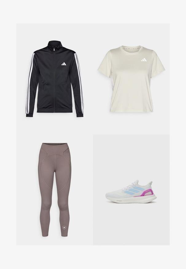 Black athletic jacket with a high collar, front zipper, and white accent stripes along the arms. Features an embroidered white logo on the chest.; adidas Performance TRAIN ESSENTIALS 3STRIPES WORKOUT - Sports T-shirt - alumina/white; adidas by Stella McCartney Leggings - charcoal; adidas Performance PUREBOOST 5 - Road running shoes - white/glow blue/purple burst