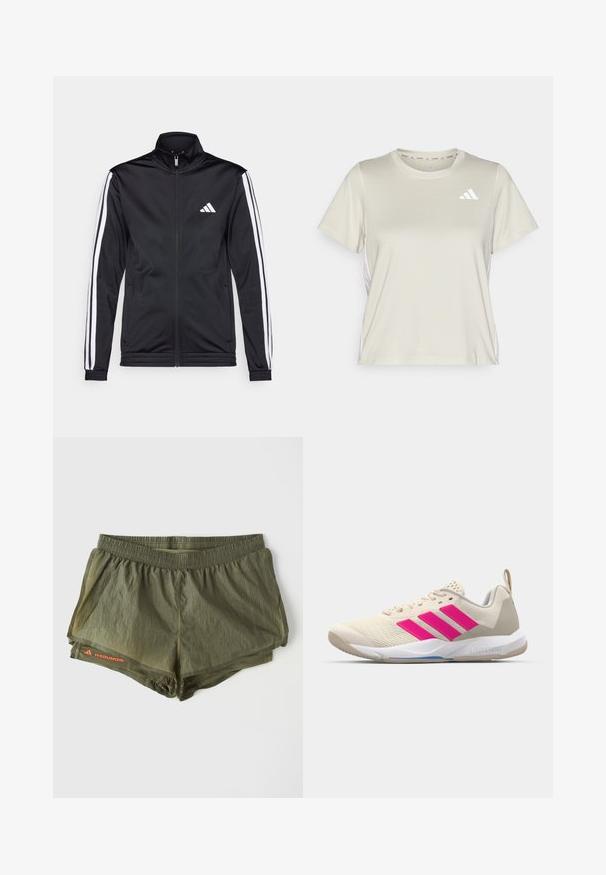 Sort atletisk jakke med høj krave, for-zip og hvide accentstriber langs armene. Har et broderet hvidt logo på brystet.; adidas Performance TRAIN ESSENTIALS 3STRIPES WORKOUT - Sports T-shirts - alumina/white; Olivengrønne atletiske shorts med elastisk talje, indvendig foring, perforerede sidepaneler og en rød logoaccents.; Beige sportsko med pink tre-stribede logo, tekstureret mesh overdel, polstret krave og hvid gummisål, med "LIGHTSTRIKE" branding.