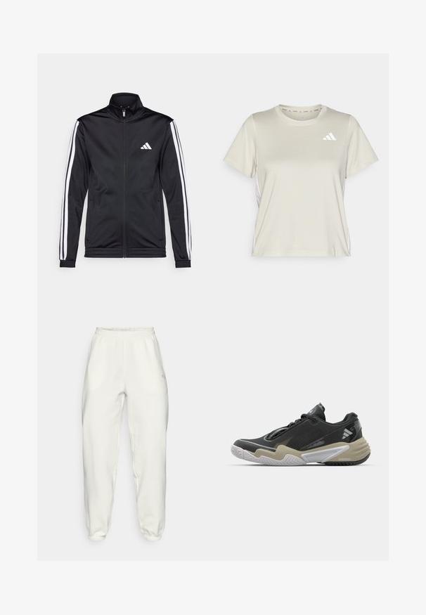 Svart idrottsjacka med hög krage, frontdragkedja och vita accentlinjer längs armarna. Har en broderad vit logotyp på bröstet.; adidas Performance TRAIN ESSENTIALS 3STRIPES WORKOUT - T-shirt till träning - alumina/white; Ljust färgade joggerbyxor i bomullsblandning med elastisk midja och muddar. Har sidofickor och en liten logotyp på höften.; Svart och beige träningsskor med texturerad ovandel, framträdande sula, reflekterande detaljer och snörningssystem. Lätt konstruktion.