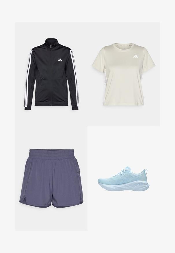 Mustmust mustrendiga jakki, millel on kõrge krae, eesnepp ja valged aktsenttriibud käte ääres. Selles on tikandina valge logo rinnal.; adidas Performance TRAIN ESSENTIALS 3STRIPES WORKOUT - Spordi T-särk - alumina/white; Kaasaegsed sportlikud lühikesed püksid tagasihoidlikus lilla värvitoonis, millel on elastne vöökoht, küljetaskud ja pehme, tekstureeritud kangas.; Heledad sinine sportlik jalats, millel on võrgust pealispind, lamedad paelad ja paks, tekstureeritud tallaga, millel on geomeetrilised aktsendid stabiilsuse tagamiseks.