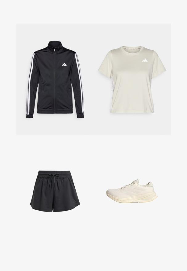 Čierna športová bunda s vysokým golierom, predným zipsom a bielymi akcentmi pozdĺž rukávov. Obsahuje vyšívané biele logo na hrudi.; adidas Performance TRAIN ESSENTIALS 3STRIPES WORKOUT - Športové tričko - alumina/white; Čierne atletické šortky s elastickým pásom, vnútornou šnúrkou a bočnými rozparkami. Vyrobené z hladkej, ľahkej tkaniny.; Svetlo béžová športová obuv s vrchnou časťou z sieťoviny, plochými šnúrkami a polstrovanou podrážkou. Obsahuje dizajn troch pruhov na bočnej strane.