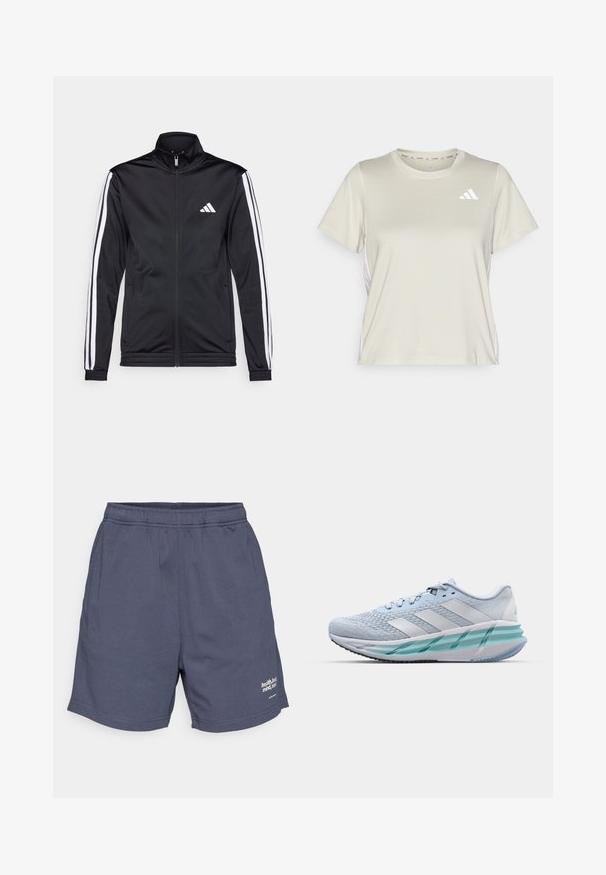 Černá sportovní bunda s vysokým límcem, předním zipem a bílými akcentovacími pruhy na rukávech. Obsahuje vyšitý bílý logo na prsou.; adidas Performance TRAIN ESSENTIALS 3STRIPES WORKOUT - Sportovní tričko - alumina/white; Námořnické modré sportovní šortky s elastickým pasem, bočními kapsami a malým bílým logem na dolním lemu. Hladká, lehká tkanina.; Světlomodré sportovní boty s texturovaným pleteným svrškem, bílými akcenty a průhledným zeleným mezipodešví. Oválná špička a polstrovaný límec.