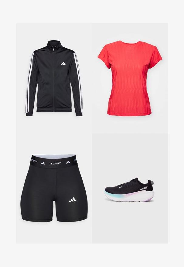 Veste de sport noire avec un col montant, fermeture éclair sur le devant et rayures blanches sur les bras. Elle présente un logo brodé blanc sur la poitrine.; T-shirt rouge à manches courtes arborant un motif en vagues texturé, un col rond et une coupe légèrement ample. Le tissu semble léger et respirant.; Shorts noirs en tissu extensible avec un design ajusté. Dotés d'une large ceinture noire portant l'étiquette "TECHFIT" et d'un logo blanc sur la jambe.; Chaussure de running noire avec une tige en mesh léger, semelle dégradée passant du bleu clair au violet, et accents réfléchissants.