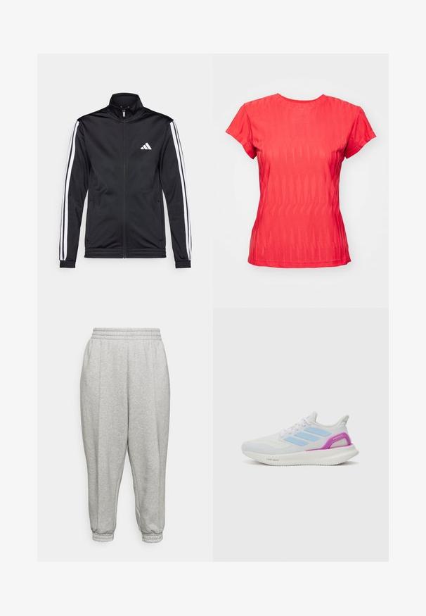 Casaco atlético preto com gola alta, fecho frontal e riscas brancas ao longo das mangas. Apresenta um logótipo branco bordado no peito.; T-shirt vermelho de manga curta com um padrão ondulado texturizado, gola redonda e um ajuste ligeiramente solto. O tecido parece leve e respirável.; adidas Performance STUDIO INC - Calças de fato de treino - medium grey heather/white; adidas Performance PUREBOOST 5 - Sapatos para corrida em estrada - white/glow blue/purple burst