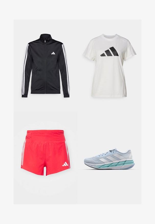 Chaqueta deportiva negra con cuello alto, cremallera frontal y franjas de acento blancas a lo largo de las mangas. Presenta un logo blanco bordado en el pecho.; Camiseta atlética blanca de tejido suave. Presenta mangas cortas y un gran logotipo negro de Adidas con tres rayas debajo.; Pantalones cortos deportivos rojos con una tela texturizada, que presentan una cinturilla ancha y franjas laterales blancas con acentos de logo.; Zapatillas deportivas azul claro con un upper de punto texturizado, acentos blancos y una suela intermedia verde transparente. Punta redondeada y cuello acolchado.