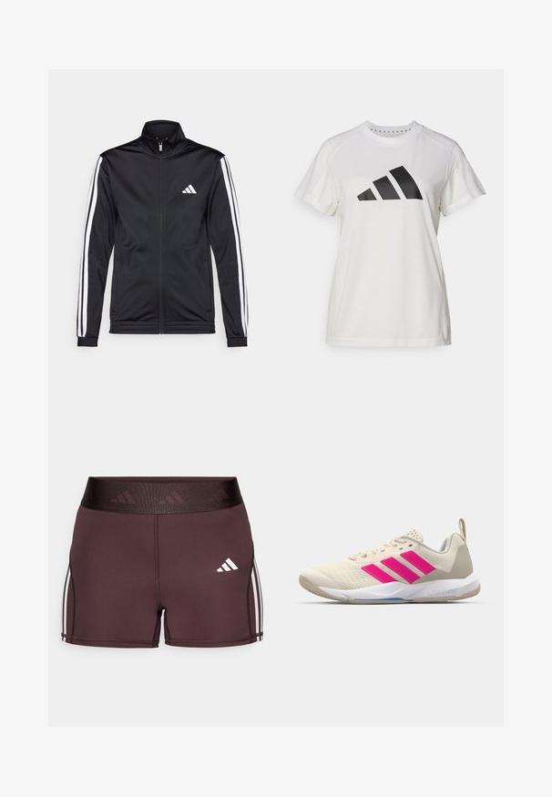 Chaqueta deportiva negra con cuello alto, cremallera frontal y franjas de acento blancas a lo largo de las mangas. Presenta un logo blanco bordado en el pecho.; Camiseta atlética blanca de tejido suave. Presenta mangas cortas y un gran logotipo negro de Adidas con tres rayas debajo.; Pantalones cortos deportivos color burdeos con una cintura alta que presenta un logo y franjas laterales blancas. Hechos de una tela suave y elástica para mayor comodidad.; Zapatilla deportiva beige con logo de tres rayas rosa, parte superior de malla texturizada, cuello acolchado y suela de goma blanca, con la marca "LIGHTSTRIKE".
