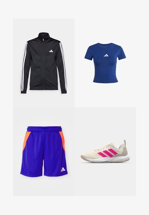 Veste de sport noire avec un col montant, fermeture éclair sur le devant et rayures blanches sur les bras. Elle présente un logo brodé blanc sur la poitrine.; T-shirt en coton bleu avec des manches courtes, présentant un logo blanc Adidas sur la poitrine et des panneaux latéraux blancs contrastants.; Shorts de sport violets avec des panneaux latéraux orange vif, taille élastique et logo blanc. Le matériau semble léger et lisse.; Baskets de sport beiges avec un logo à trois bandes roses, tige en maille texturée, col rembourré et semelle en caoutchouc blanc, arborant le marquage "LIGHTSTRIKE".