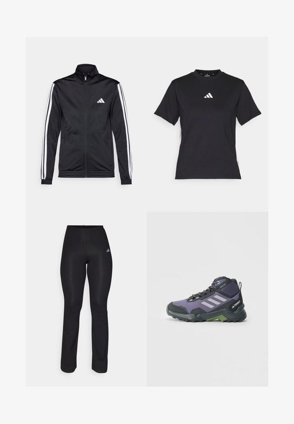 Jachetă sport neagră cu guler înalt, fermoar frontal și dungi albe pe umeri. Prezintă un logo alb brodat pe piept.; Tricou negru cu mâneci scurte, fabricat dintr-un material moale. Prezintă un logo Adidas alb și dungi albe contrastante pe laturi.; Pantaloni atletici negri cu un design ajustat, talie elastică și o strălucire subtilă. Prezintă un mic logo alb pe șoldul stâng.; Pantof de drumeție purpuriu și negru cu un superior texturat, accente gri și talpă verde, având sistem de închidere cu șireturi și un model de batere robust.