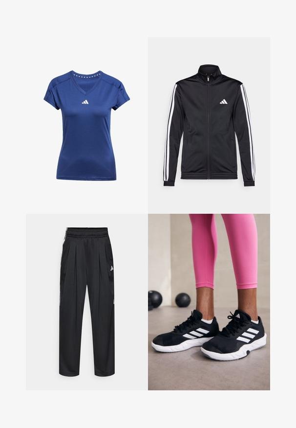 Casaco atlético preto com gola alta, fecho frontal e riscas brancas ao longo das mangas. Apresenta um logótipo branco bordado no peito.; T-shirt atlético azul-marinho com decote em V, mangas curtas e um logótipo branco no peito. Apresenta acentos triangulares ao longo da gola.; Calças atléticas pretas com pregas, cintura elástica e riscas laterais. Feitas de tecido liso, com o logótipo da Adidas em branco.; Sapatos de treino pretos com riscas brancas, parte superior em malha texturizada e sola branca. Usados com leggings cor-de-rosa, destacando roupa de treino.