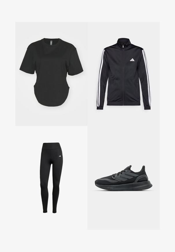 Crna atletska jakna s visokim ovratnikom, prednjim patentnim zatvaračem i bijelim akcentskim prugama duž ruku. Sadrži izvezeni bijeli logo na prsima.; Crna majica kratkih rukava od pamuka. Okrugli izrez s zakrivljenim rubom i bočnim prorezima. Glatka tekstura, ležeran kroj.; Crne sportske tajice s visokim strukom. Izrađene od rastezljivog materijala s bijelim logom na gornjoj lijevoj strani.; Crne atletske cipele s mrežastim gornjim dijelom, teksturiranim panelima, detaljem od tri pruge i zakrivljenim potplatom označenim "LIGHT BOOST."